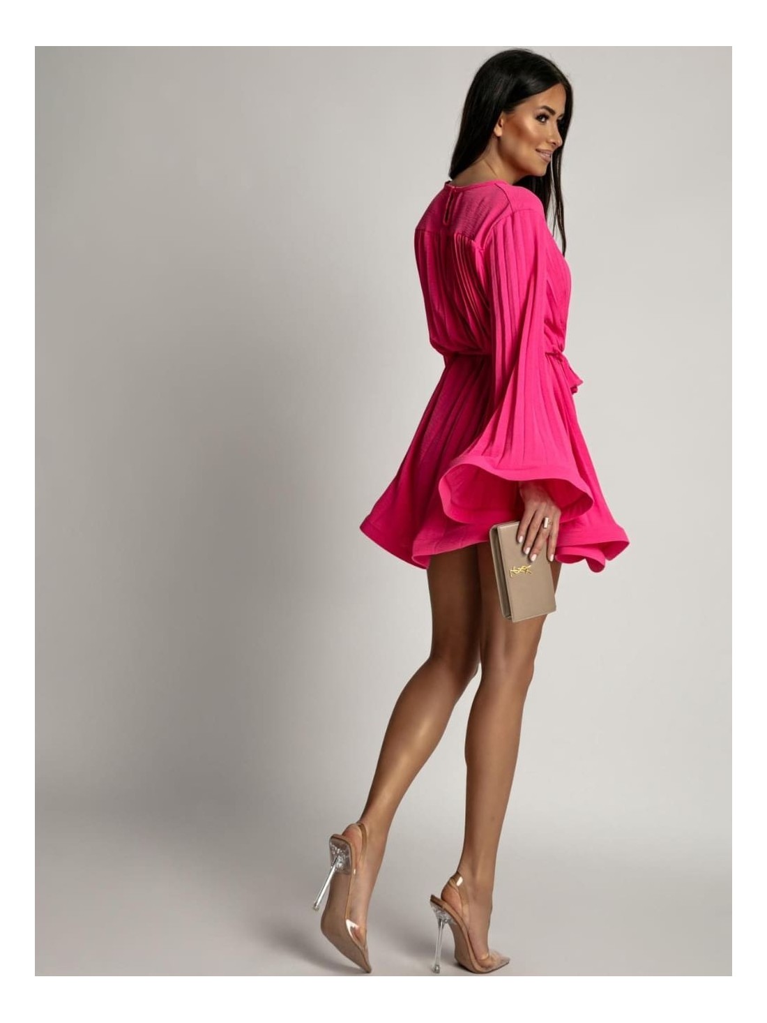 Pleated dress with wide sleeves, dark pink AZR2604